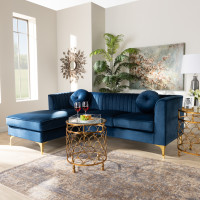 Baxton Studio TSF-6636-Navy Blue/Gold-LFC Giselle Glam and Luxe Navy Blue Velvet Fabric Upholstered Mirrored Gold Finished Left Facing Sectional Sofa with Chaise